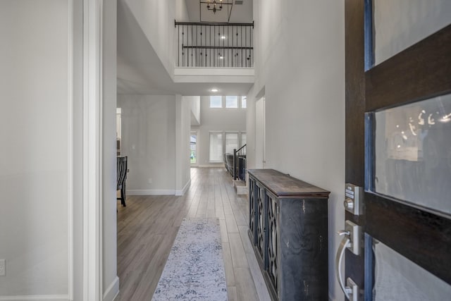 foyer entrance with light hardwood / wood-style floors and a high ceiling