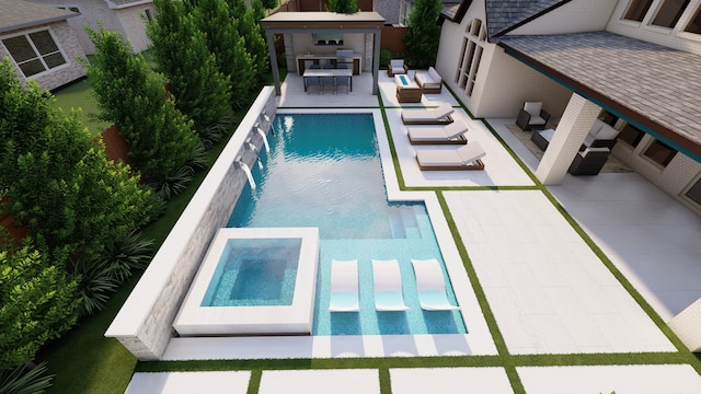 view of swimming pool featuring area for grilling, a bar, an outdoor hangout area, pool water feature, and an in ground hot tub