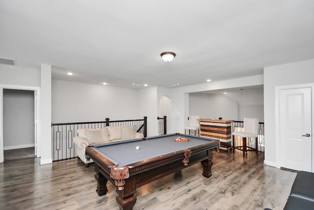 rec room with wood-type flooring and billiards