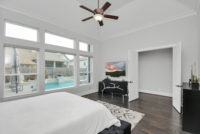 bedroom with ceiling fan, ornamental molding, and dark hardwood / wood-style flooring