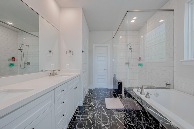 bathroom with vanity and plus walk in shower