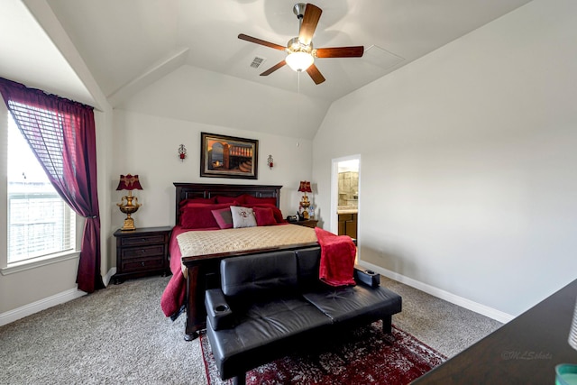 bedroom with carpet flooring, vaulted ceiling, and multiple windows