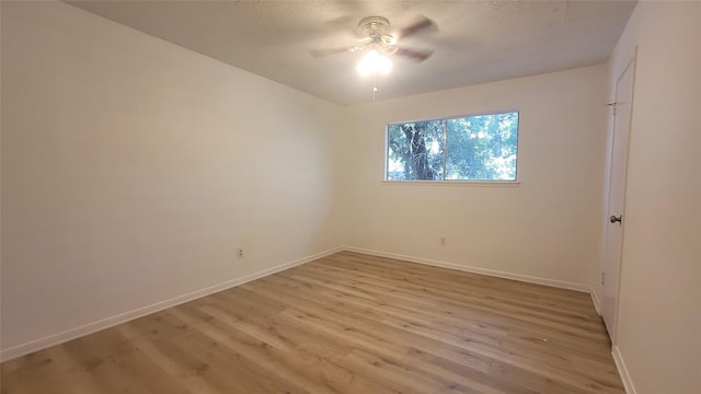 empty room with ceiling fan and light wood-type flooring