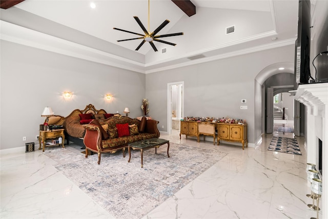 bedroom featuring ensuite bathroom, crown molding, high vaulted ceiling, ceiling fan, and beam ceiling