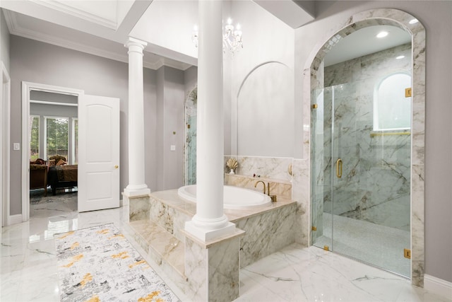 bathroom with ornamental molding, decorative columns, and separate shower and tub