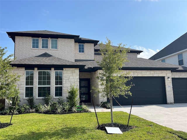 2364 Seaglass Terrace Dr, Katy, TX 77493 - view of front of property with an attached garage, driveway, a front yard, roof with shingles, and stone siding