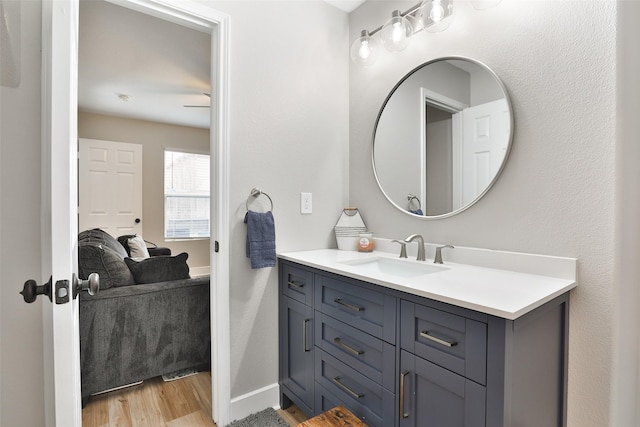 bathroom with vanity and hardwood / wood-style floors