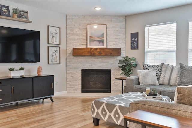 living room featuring wood-type flooring and a fireplace