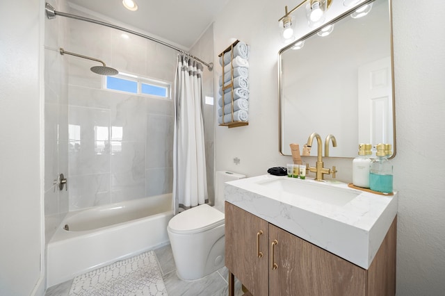 full bathroom featuring toilet, vanity, and shower / bathtub combination with curtain