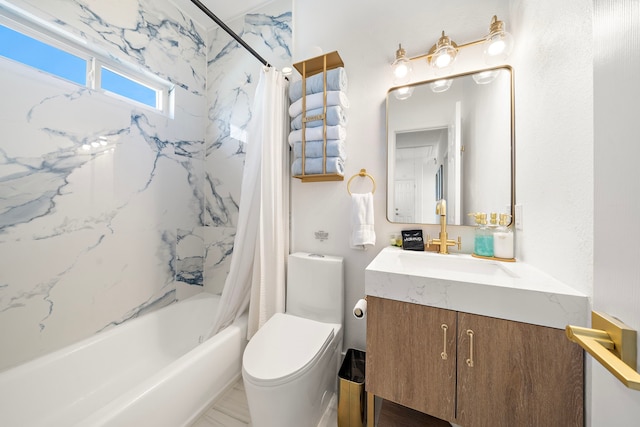 full bathroom featuring vanity, shower / bathtub combination with curtain, and toilet