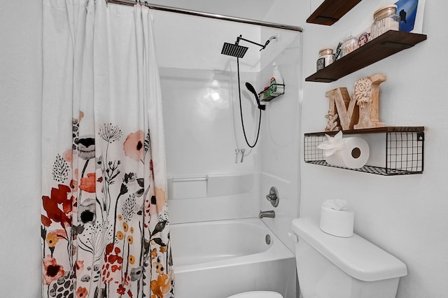 bathroom with shower / bathtub combination with curtain and toilet