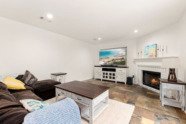 living room with a fireplace