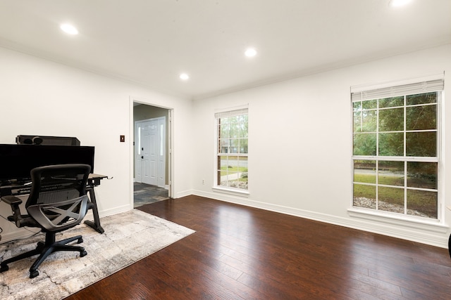 office space with wood-type flooring