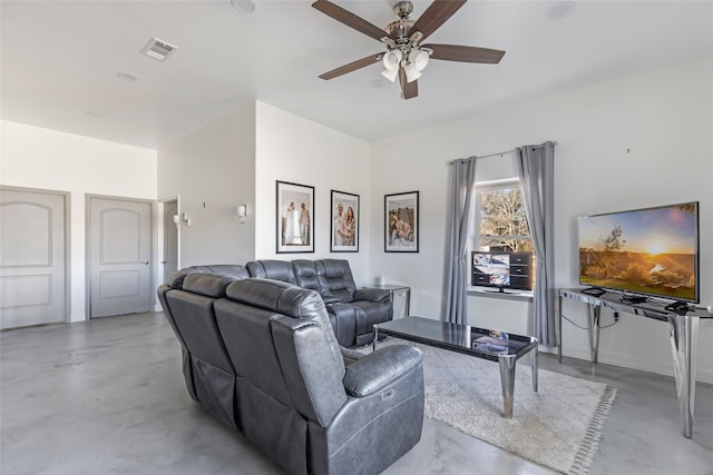 living room featuring ceiling fan