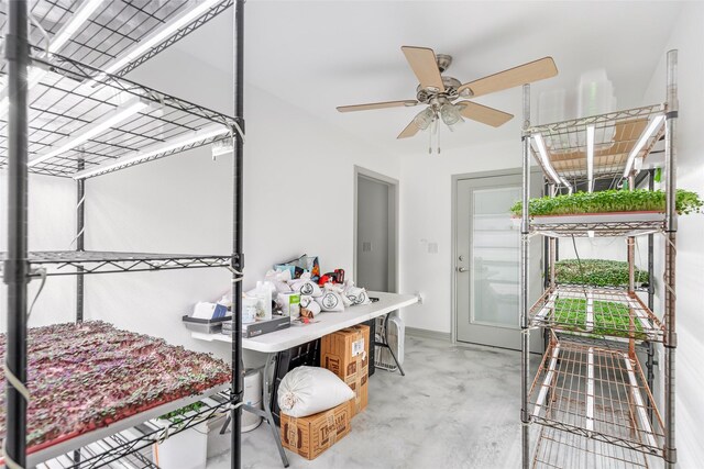 interior space featuring concrete floors and ceiling fan