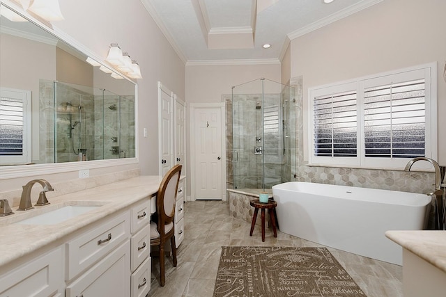 bathroom featuring vanity, crown molding, and plus walk in shower