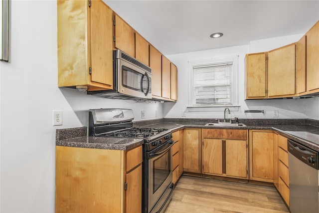 kitchen featuring stainless steel appliances, sink, and light hardwood / wood-style flooring