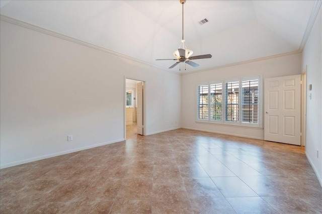 spare room featuring crown molding and ceiling fan