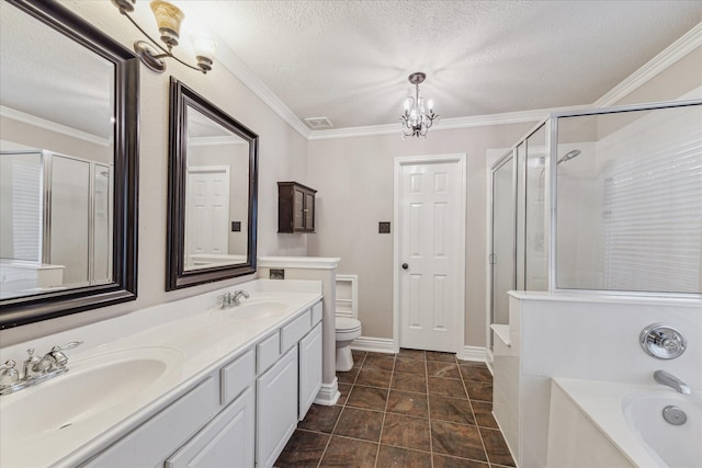 full bathroom with ornamental molding, vanity, toilet, and a textured ceiling