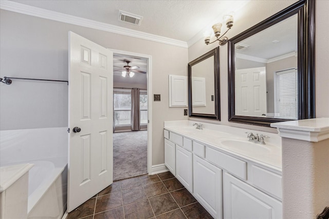 bathroom with vanity, a bath, ceiling fan, and crown molding