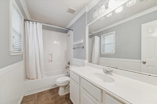 full bathroom featuring toilet, ornamental molding, vanity, shower / bath combo, and tile patterned flooring