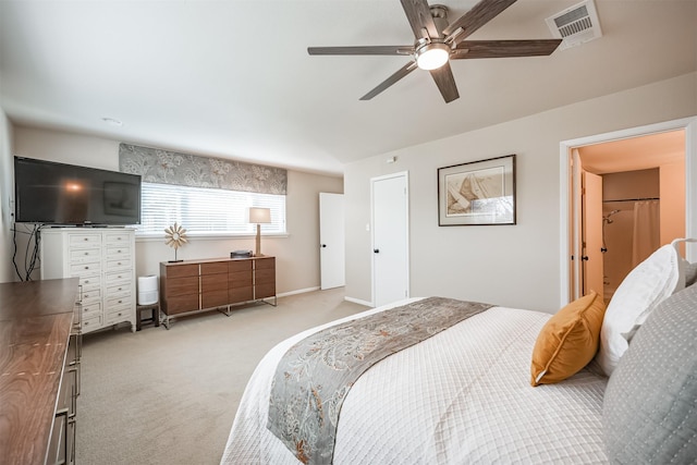 carpeted bedroom featuring ceiling fan