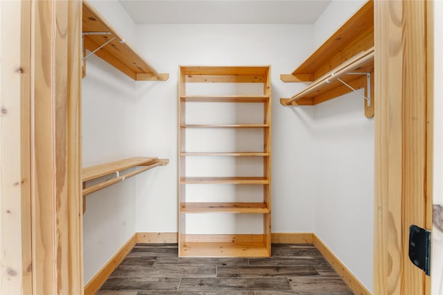 walk in closet with dark wood-type flooring