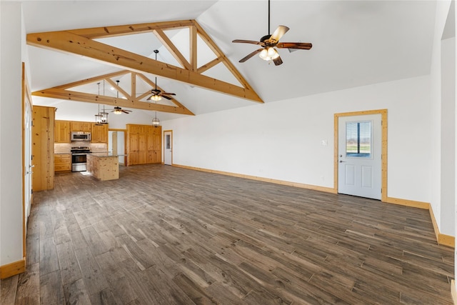 unfurnished living room featuring beamed ceiling, ceiling fan, dark hardwood / wood-style floors, and high vaulted ceiling