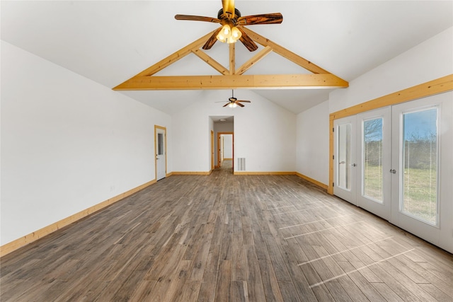 unfurnished room featuring hardwood / wood-style flooring, ceiling fan, high vaulted ceiling, and french doors