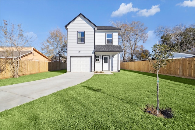 front facade with a garage and a front lawn