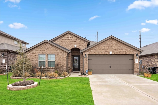 ranch-style home with a garage and a front lawn