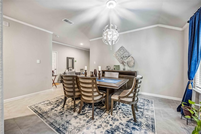 dining space with ornamental molding, light tile patterned floors, and a notable chandelier