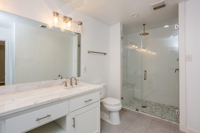 bathroom featuring tile patterned flooring, an enclosed shower, vanity, and toilet