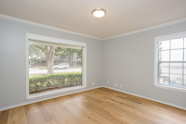 empty room featuring crown molding and light hardwood / wood-style floors