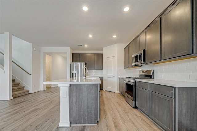 kitchen featuring stainless steel appliances, light countertops, light wood-type flooring, backsplash, and a center island with sink