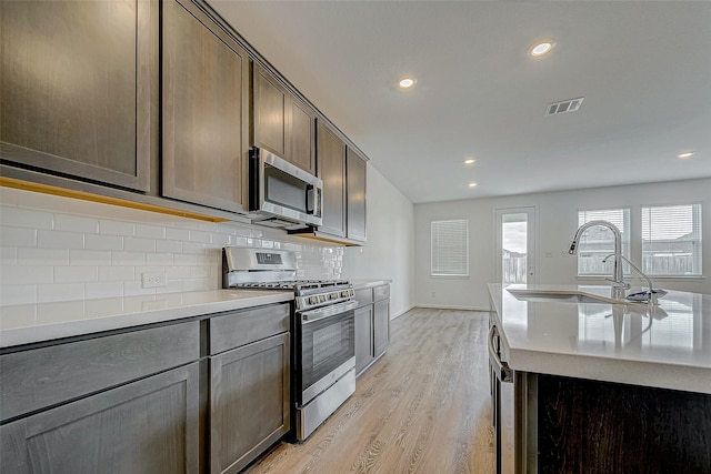 kitchen with a kitchen island with sink, stainless steel appliances, a sink, visible vents, and light countertops