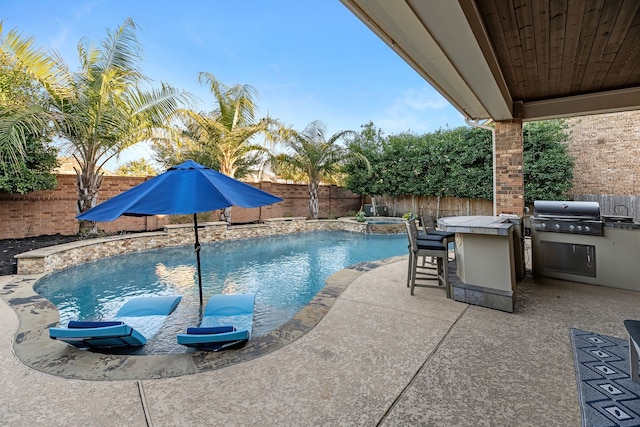 view of pool featuring grilling area, outdoor dry bar, a fenced backyard, and area for grilling