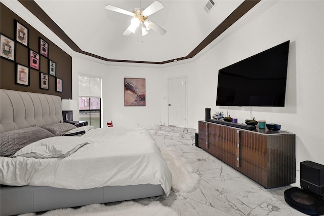 bedroom with crown molding and ceiling fan