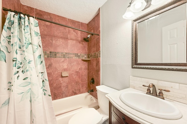 full bathroom featuring toilet, a textured ceiling, vanity, shower / bathtub combination with curtain, and backsplash