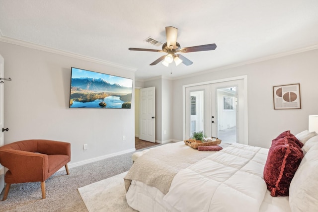 bedroom featuring ornamental molding, light colored carpet, ceiling fan, and french doors