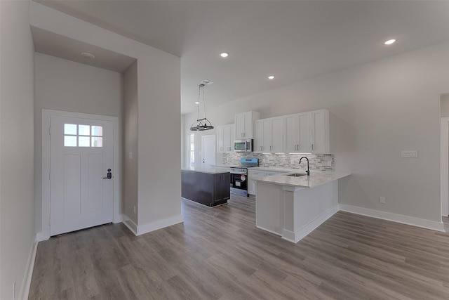 kitchen featuring tasteful backsplash, dark wood finished floors, light countertops, appliances with stainless steel finishes, and a sink