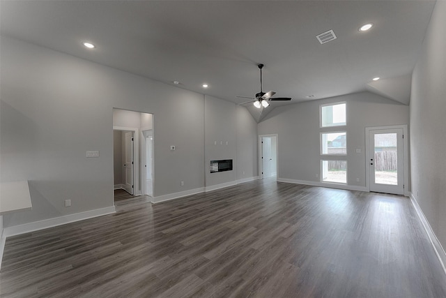 unfurnished living room with visible vents, recessed lighting, a glass covered fireplace, a ceiling fan, and dark wood-style flooring