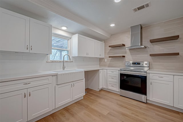 kitchen with decorative backsplash, wall chimney range hood, white cabinets, and stainless steel range with electric stovetop