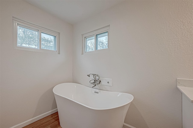 bathroom with hardwood / wood-style floors and a tub to relax in