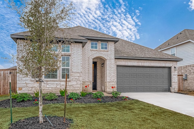 traditional-style house with roof with shingles, an attached garage, a front lawn, brick siding, and driveway