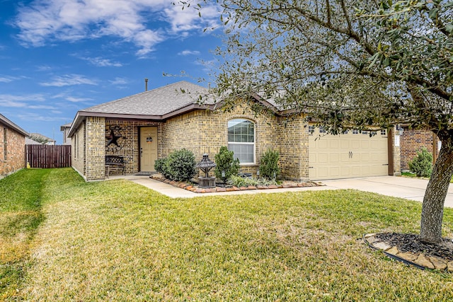 ranch-style home with a garage and a front lawn