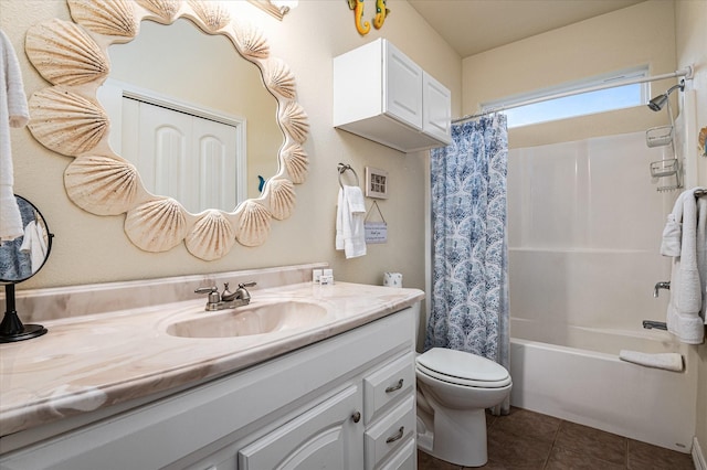 full bathroom with shower / tub combo with curtain, vanity, toilet, and tile patterned floors