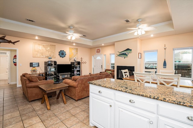 kitchen featuring white cabinetry, light stone countertops, ceiling fan, and a raised ceiling