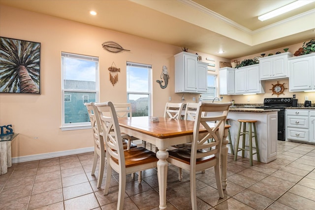 dining space with sink, ornamental molding, light tile patterned flooring, and a raised ceiling