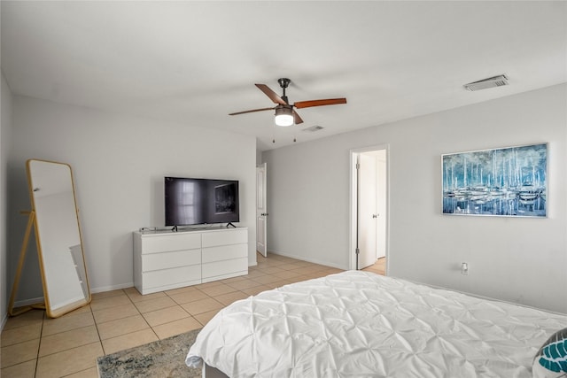 bedroom with light tile patterned floors and ceiling fan